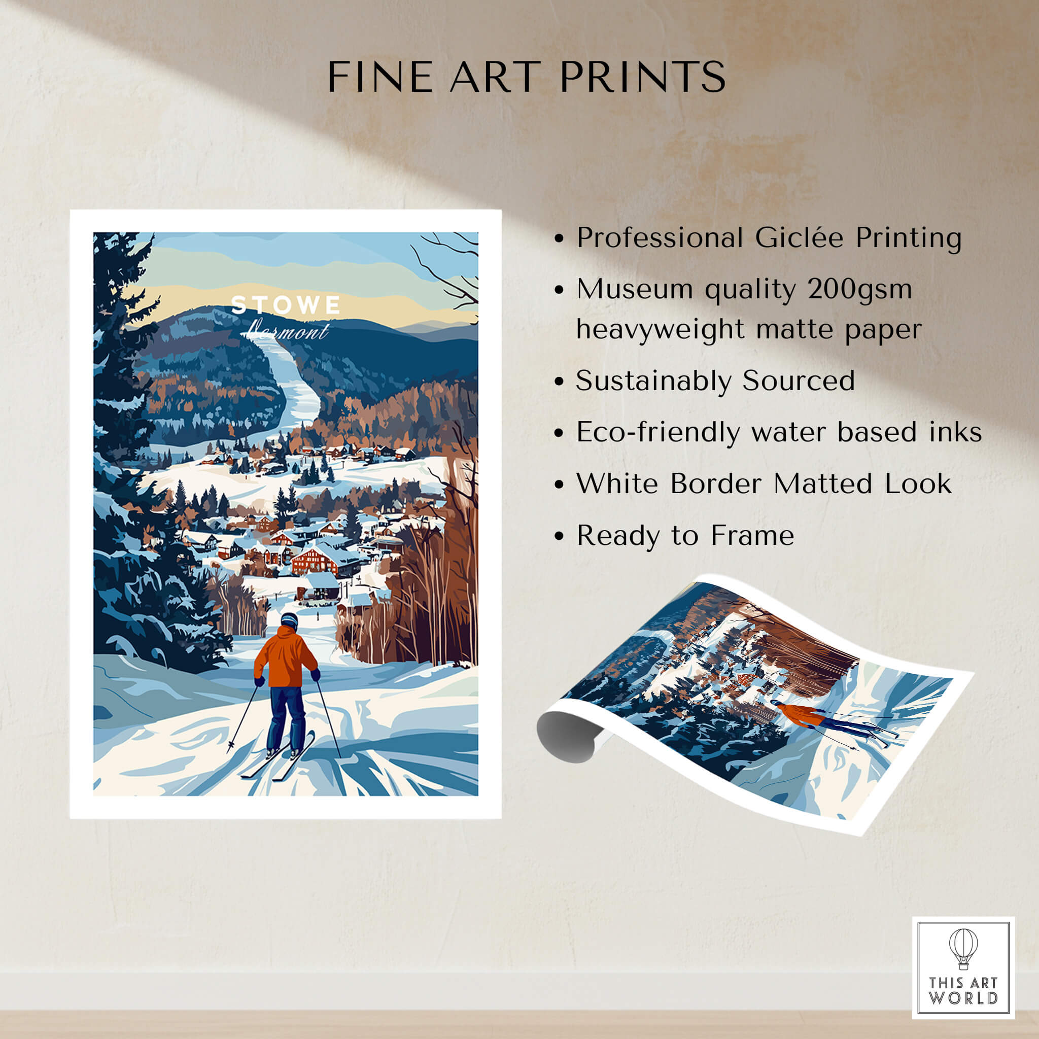 Vermont Ski Destination Poster - Stowe Mountain Landscape Art Print featuring scenic Stowe Mountain and skier.