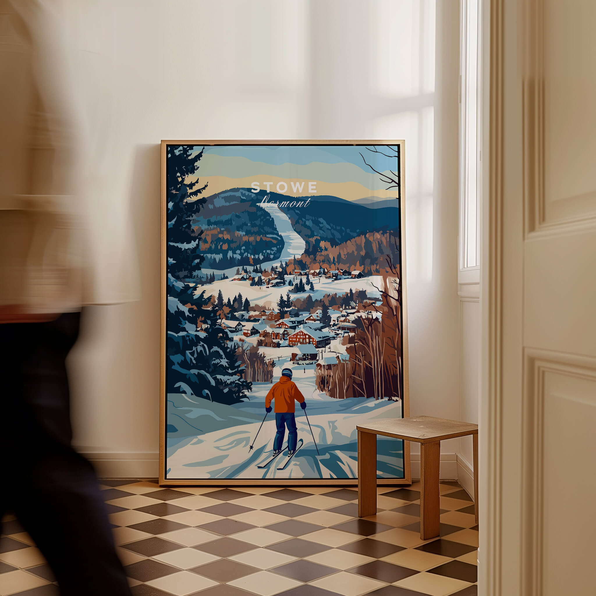Vermont Ski Destination Poster - Stowe Mountain Landscape Art Print showcasing skier on snowy slopes with village view.