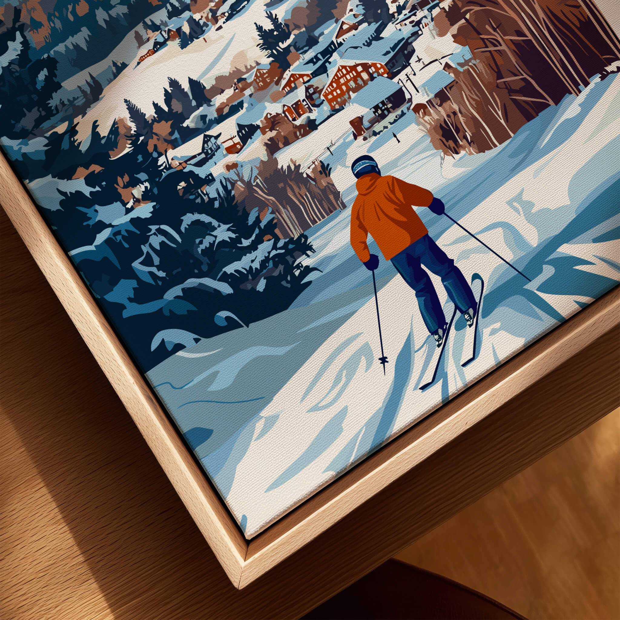 Vermont Ski Destination Poster - Stowe Mountain Landscape Art Print featuring a skier on snowy slopes with a village backdrop.