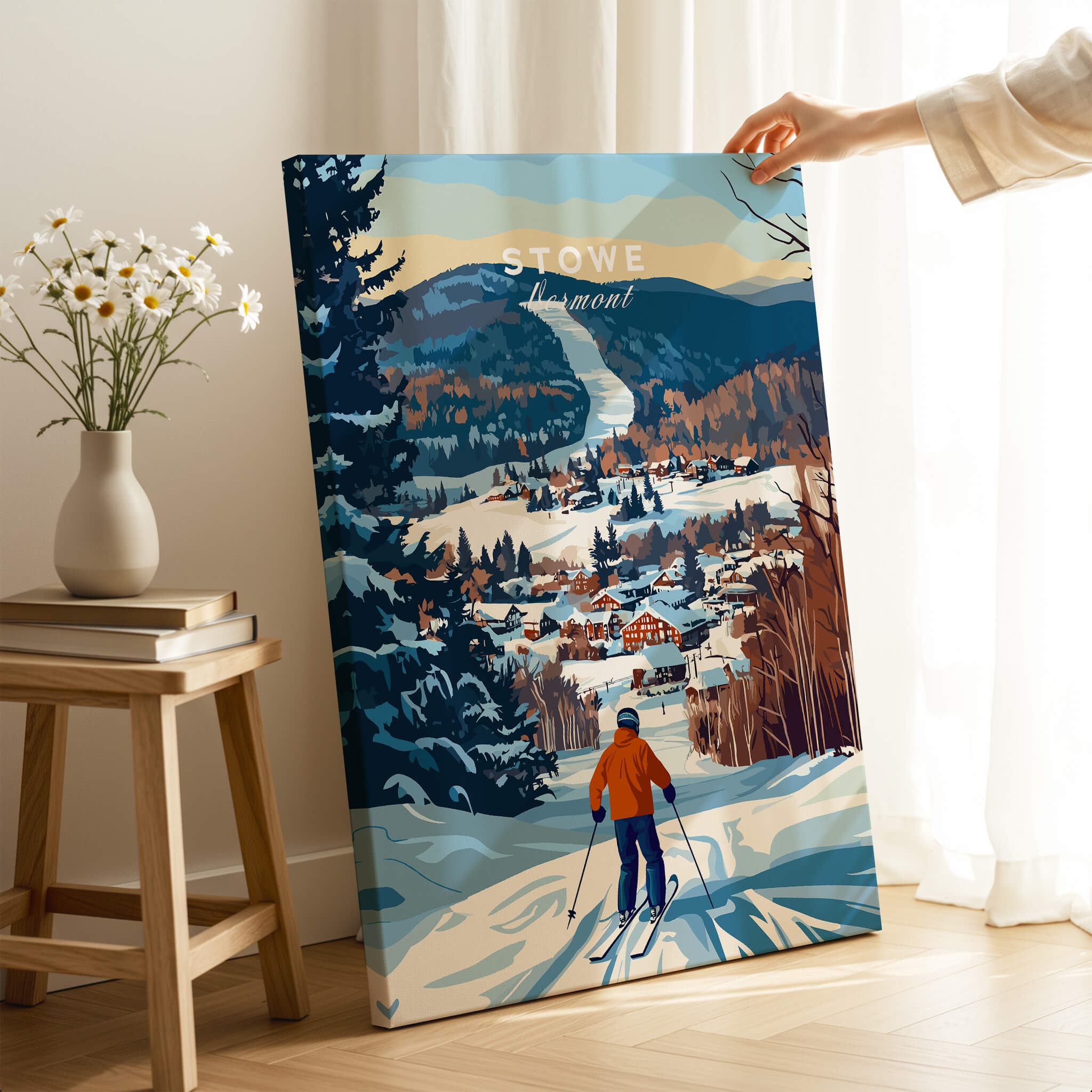 Vermont Ski Destination Poster - Stowe Mountain Landscape Art Print showcasing a skier on a snowy slope with a village view.