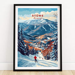 Stowe Mountain Range Poster - Vermont Skiing Print, Alpine Wall Art featuring a skier in a snowy alpine landscape.