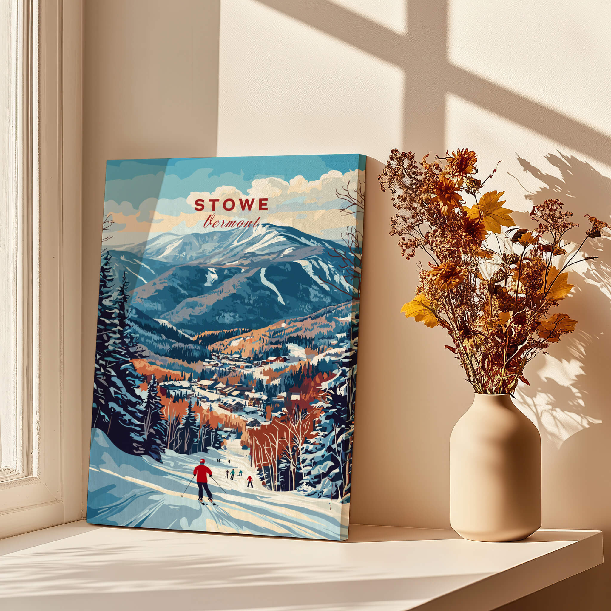 Stowe Mountain Range Poster - Vermont Skiing Print, Alpine Wall Art displayed in a bright room with flowers.