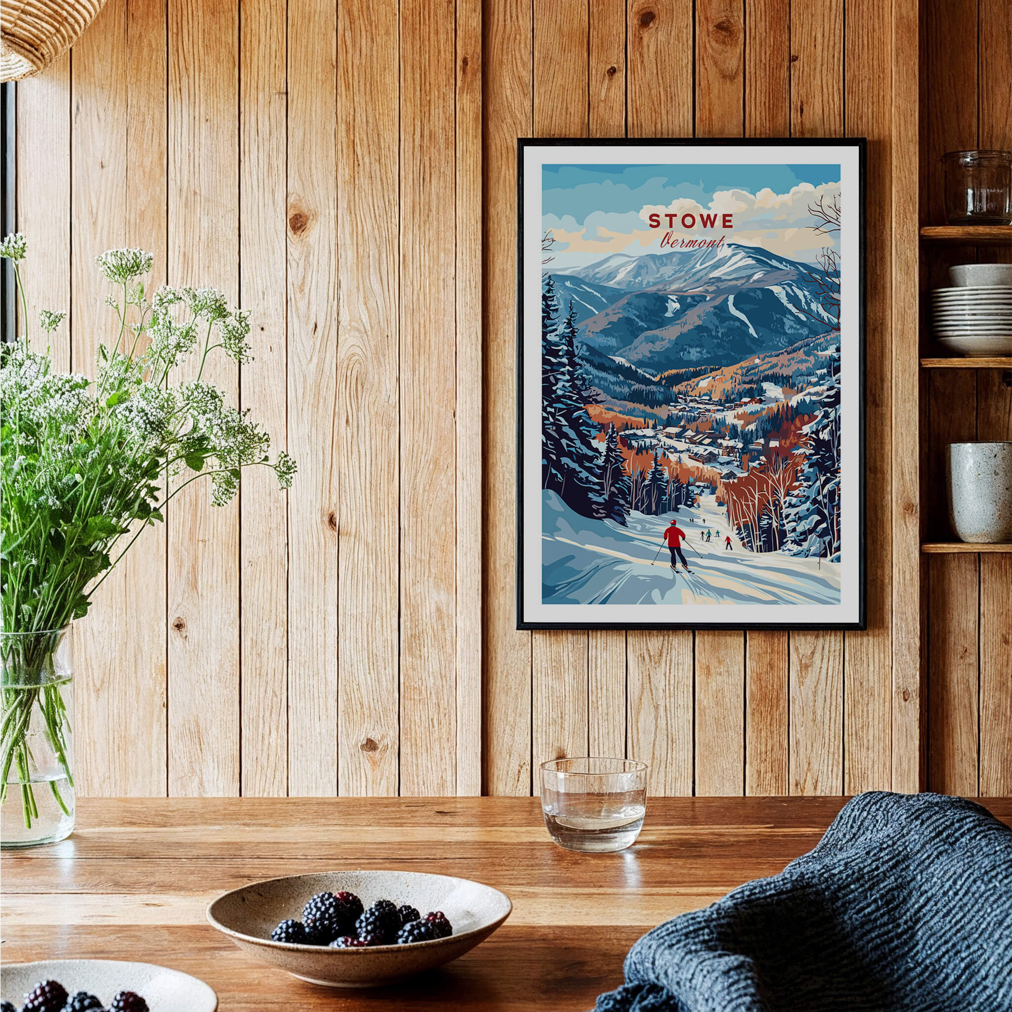 Stowe Mountain Range Poster - Vermont Skiing Print, Alpine Wall Art displayed in a cozy wooden setting.