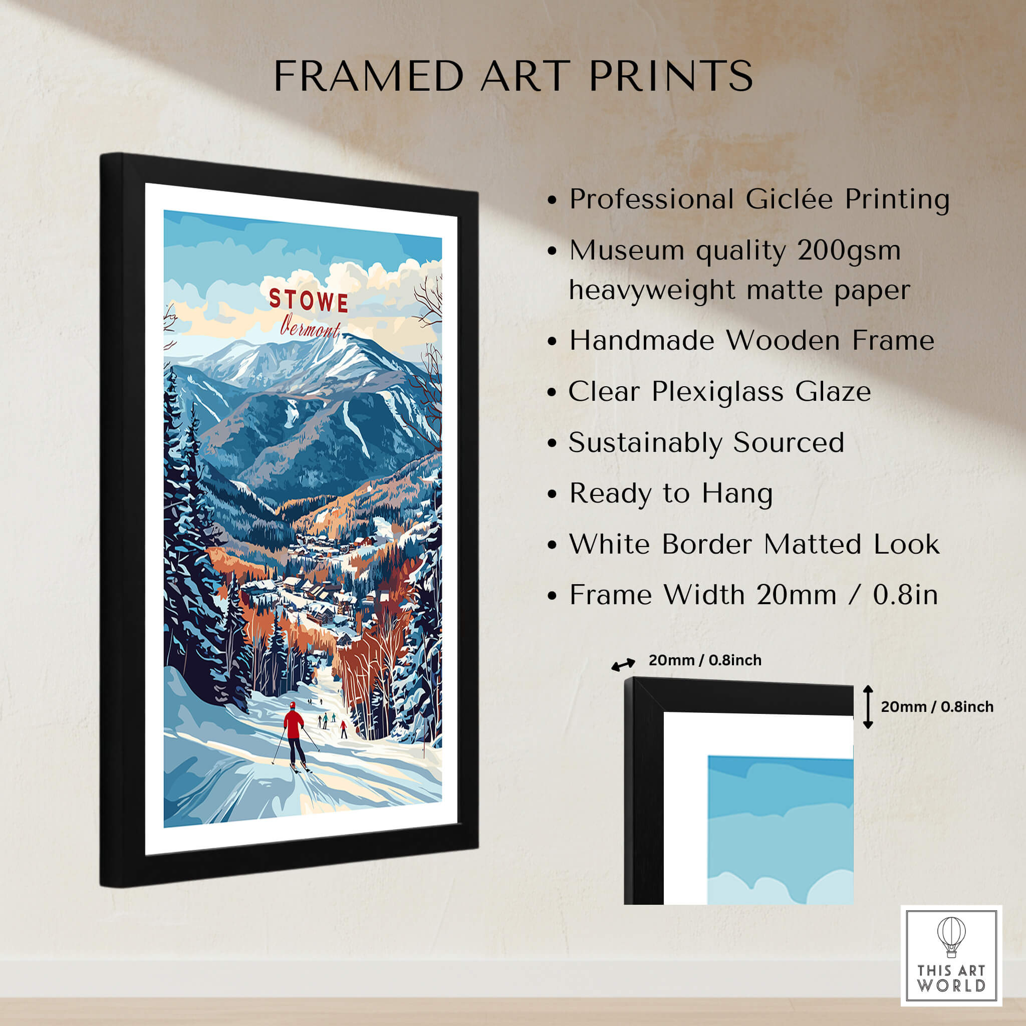 Stowe Mountain Range Poster - Vermont Skiing Print, Alpine Wall Art displayed in a framed art print format.