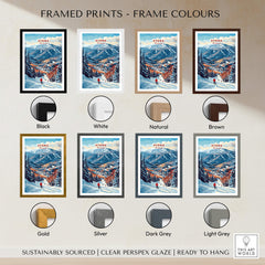 Stowe Mountain Range Poster - Vermont Skiing Print, Alpine Wall Art with various frame colors displayed.
