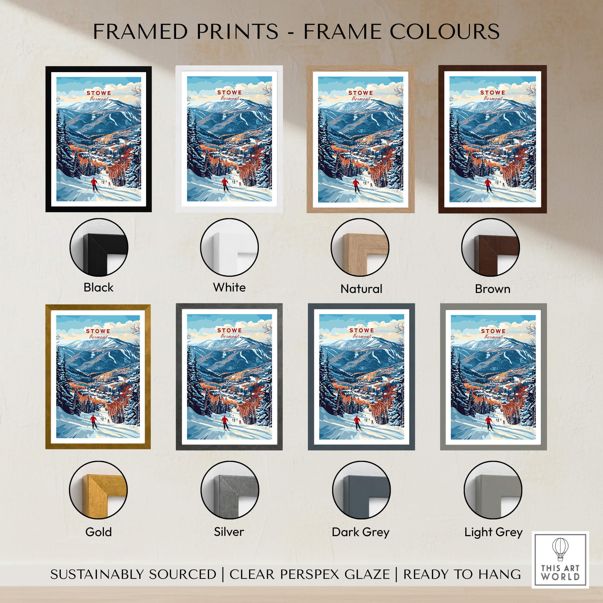 Stowe Mountain Range Poster - Vermont Skiing Print, Alpine Wall Art with various frame colors displayed.