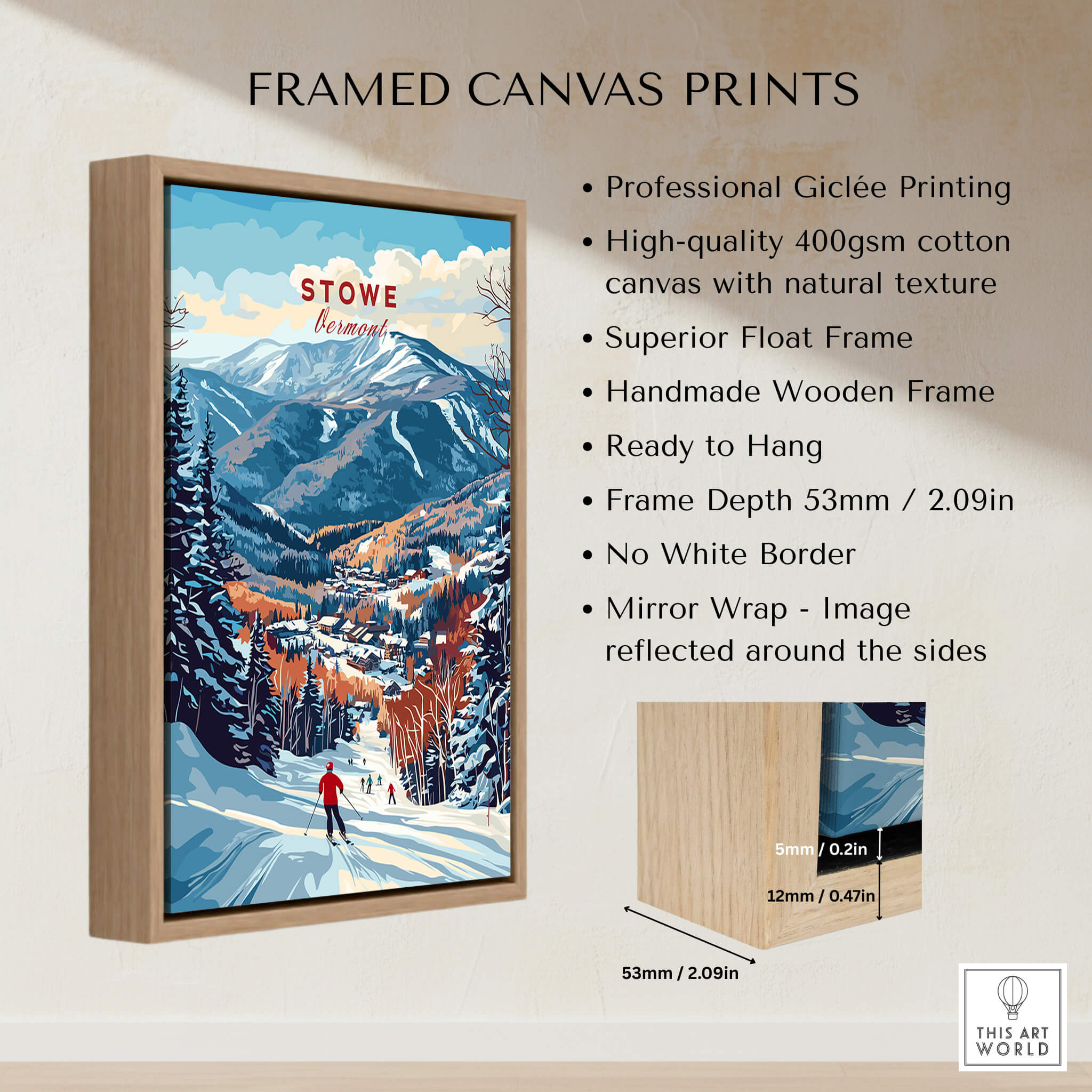 Stowe Mountain Range Poster - Vermont Skiing Print, Alpine Wall Art framed canvas print showcasing serene alpine scenery.