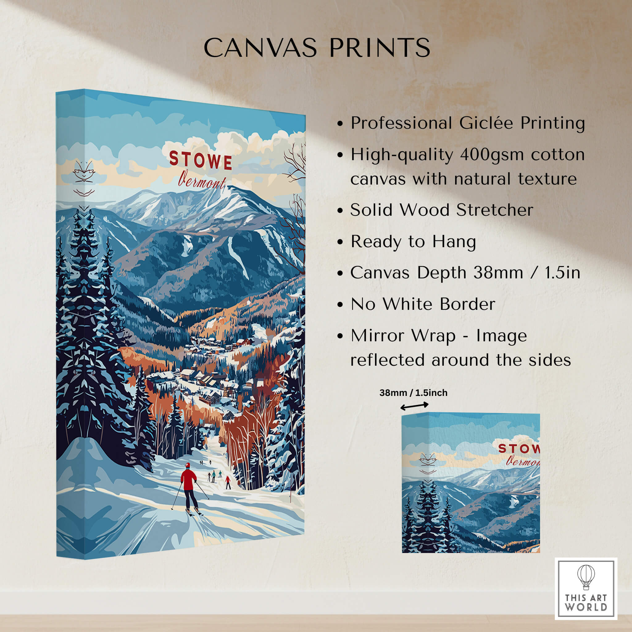 Stowe Mountain Range Poster - Vermont Skiing Print, Alpine Wall Art showcasing vibrant alpine scenery and skiing themes.
