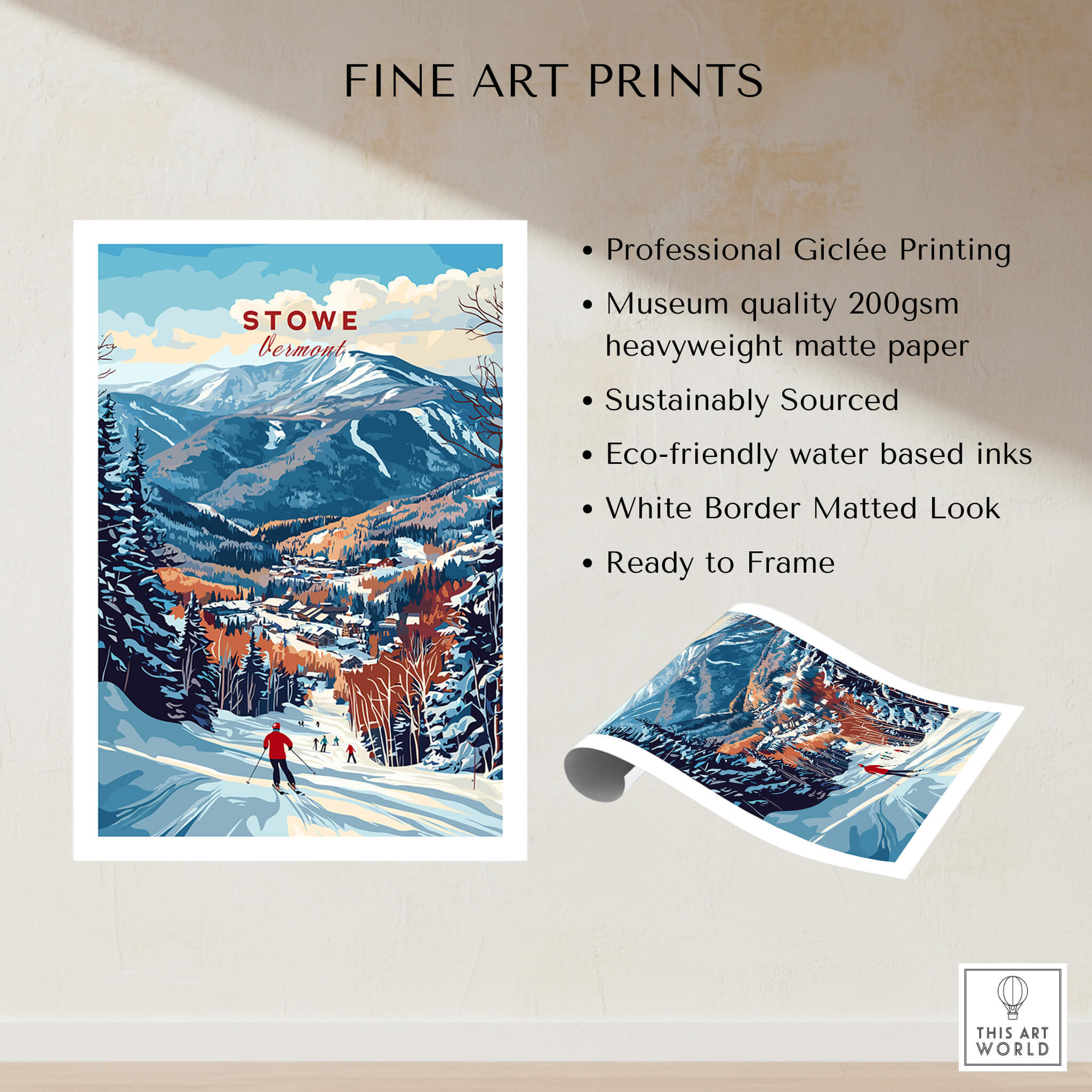 Stowe Mountain Range Poster - Vermont Skiing Print, Alpine Wall Art showcasing skiers and scenic mountains.