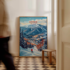 Stowe Mountain Range Poster - Vermont Skiing Print, Alpine Wall Art featuring a skiing scene in Vermont.
