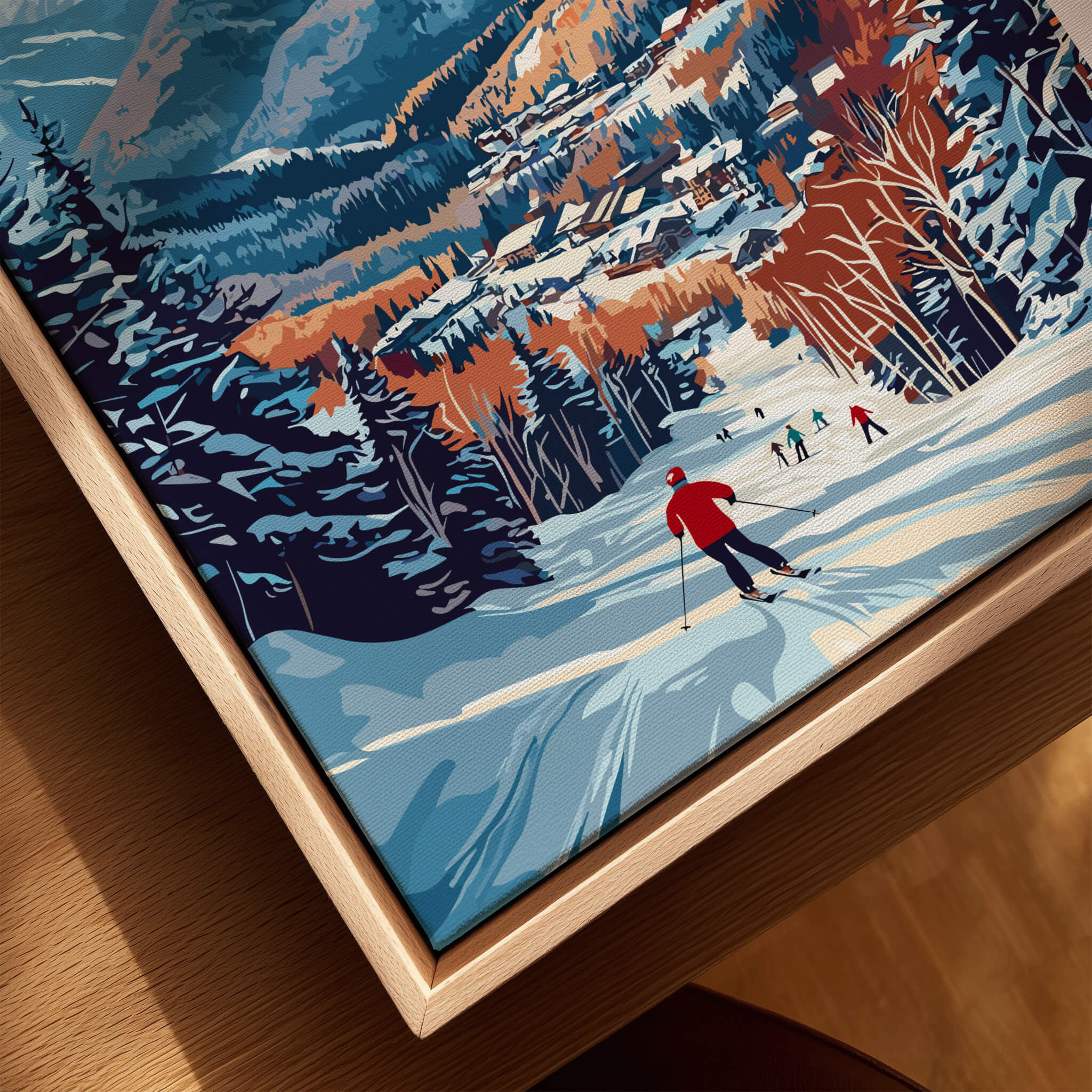 Stowe Mountain Range Poster - Vermont Skiing Print, Alpine Wall Art featuring a skier on a snow-covered slope.