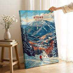 Stowe Mountain Range Poster - Vermont Skiing Print, Alpine Wall Art showcasing a skier in a stunning alpine landscape.