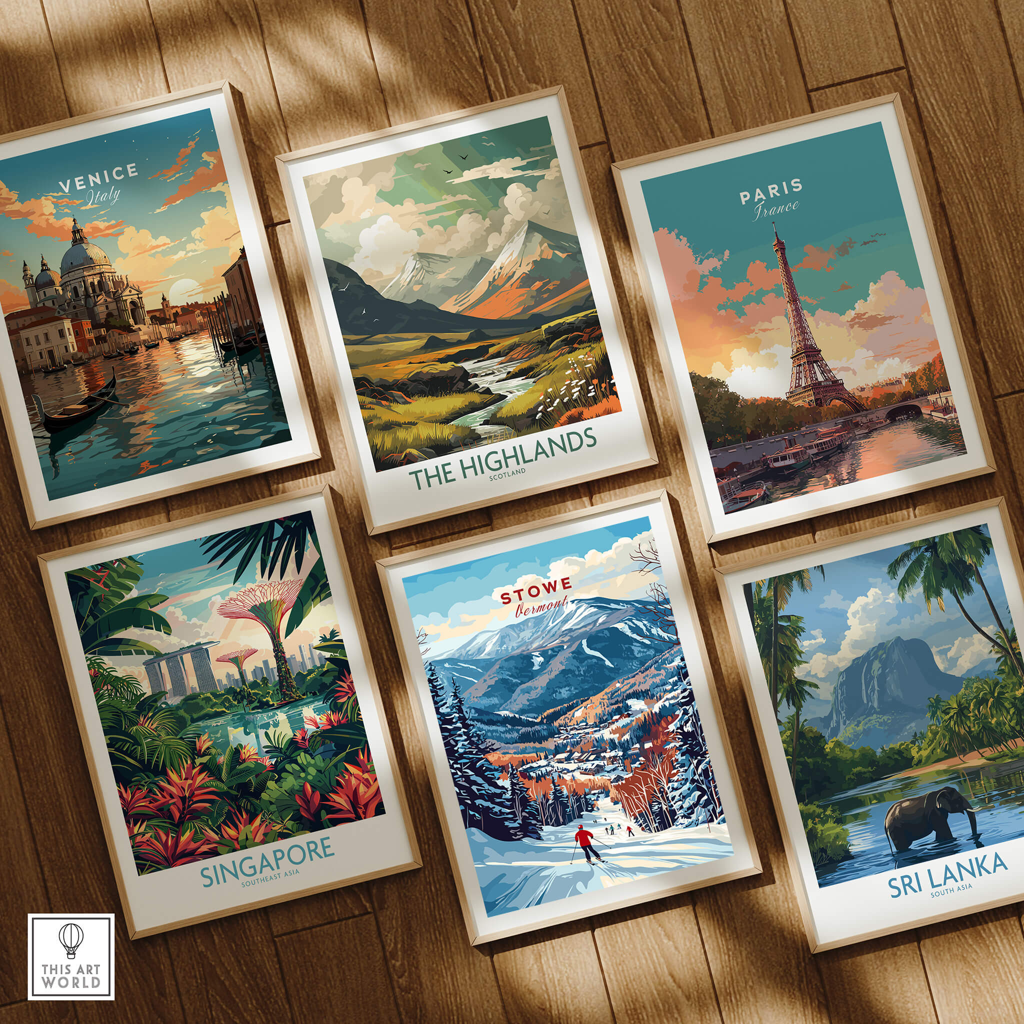 Stowe Mountain Range Poster - Vermont Skiing Print, Alpine Wall Art displayed among various travel posters.