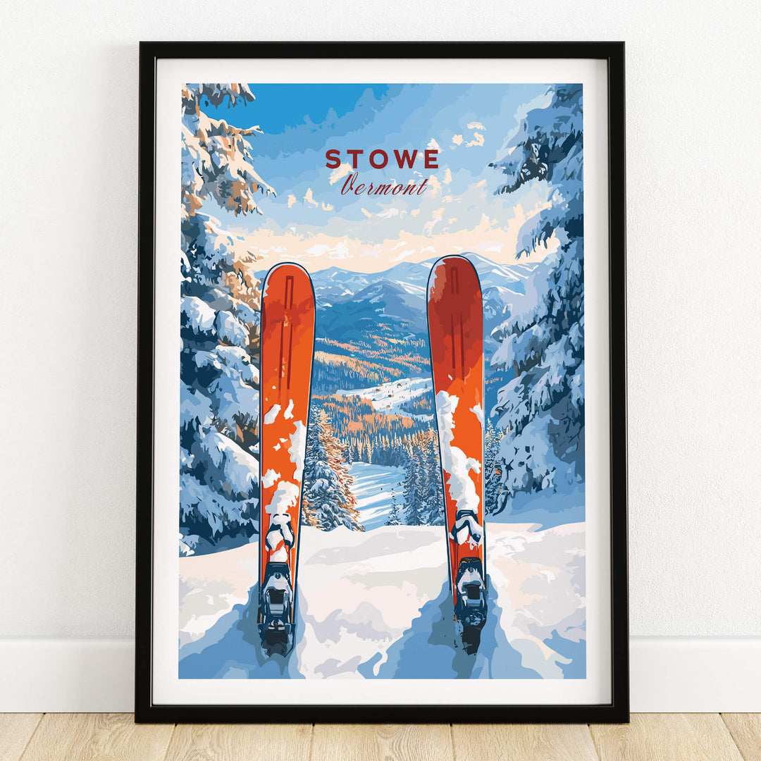 Stowe Vermont Ski Print - Snowy Mountain Scene Poster, Skiing Wall Decor featuring skis on snowy slopes.