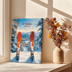 Stowe Vermont Ski Print - Snowy Mountain Scene Poster, Skiing Wall Decor displayed with a vase of dried flowers.