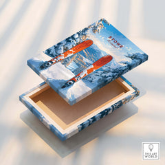 Stowe Vermont Ski Print - Snowy Mountain Scene Poster, Skiing Wall Decor featuring a colorful ski-themed design on a box.