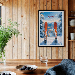 Stowe Vermont Ski Print - Snowy Mountain Scene Poster, Skiing Wall Decor displayed in a cozy wooden interior.