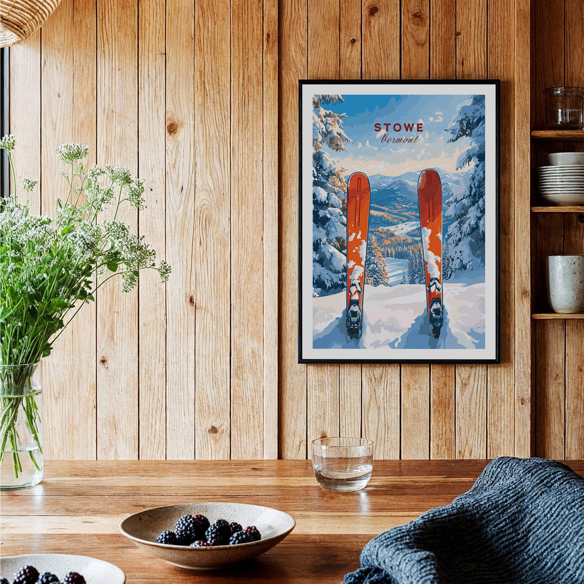 Stowe Vermont Ski Print - Snowy Mountain Scene Poster, Skiing Wall Decor displayed in a cozy wooden interior.