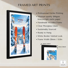 Stowe Vermont Ski Print - Snowy Mountain Scene Poster, Skiing Wall Decor framed art print with skiing gear and mountain backdrop.