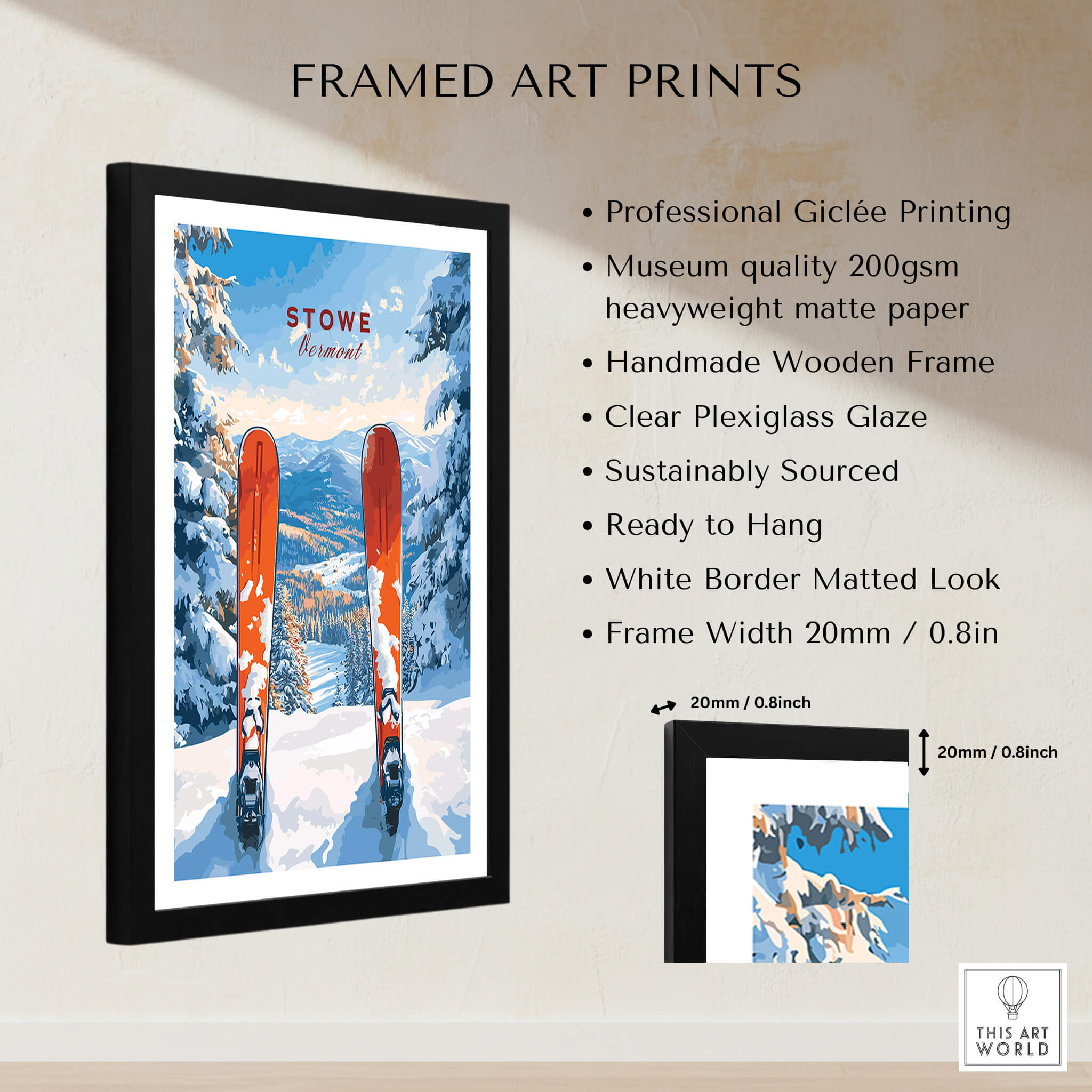 Stowe Vermont Ski Print - Snowy Mountain Scene Poster, Skiing Wall Decor framed art print with skiing gear and mountain backdrop.