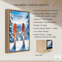 Stowe Vermont Ski Print - Snowy Mountain Scene Poster, Skiing Wall Decor framed canvas print with wooden frame.