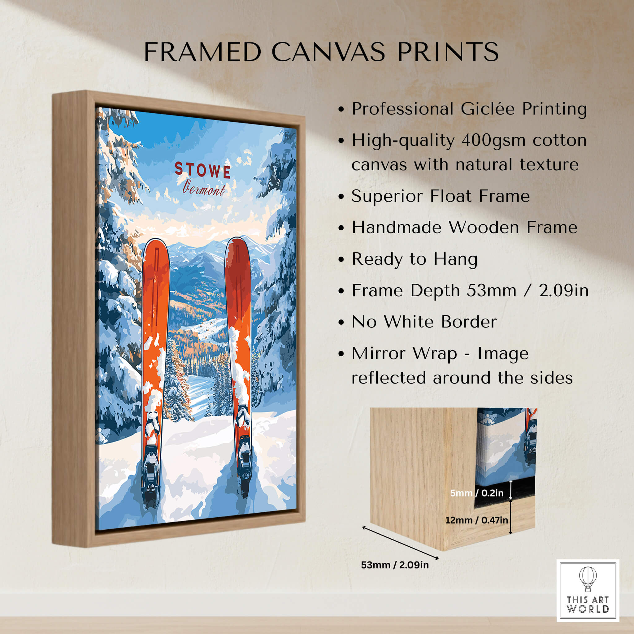 Stowe Vermont Ski Print - Snowy Mountain Scene Poster, Skiing Wall Decor framed canvas print with wooden frame.