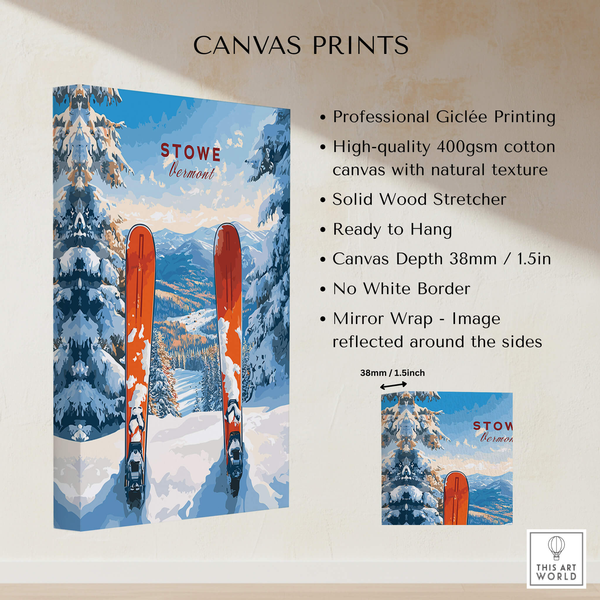 Stowe Vermont Ski Print - Snowy Mountain Scene Poster, Skiing Wall Decor features vibrant colors and detailed snowy landscapes.