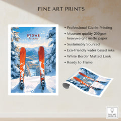 Stowe Vermont Ski Print - Snowy Mountain Scene Poster, Skiing Wall Decor displayed with skiing equipment and art details.