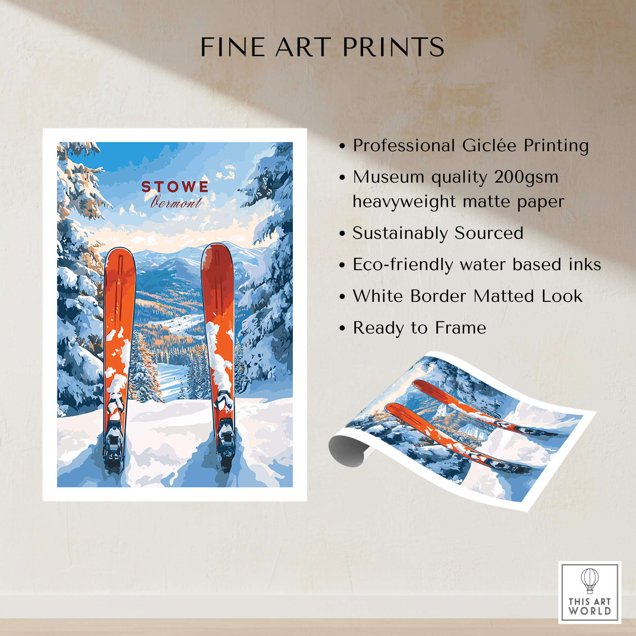 Stowe Vermont Ski Print - Snowy Mountain Scene Poster, Skiing Wall Decor displayed with skiing equipment and art details.