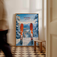 Stowe Vermont Ski Print - Snowy Mountain Scene Poster, Skiing Wall Decor in a cozy interior setting.