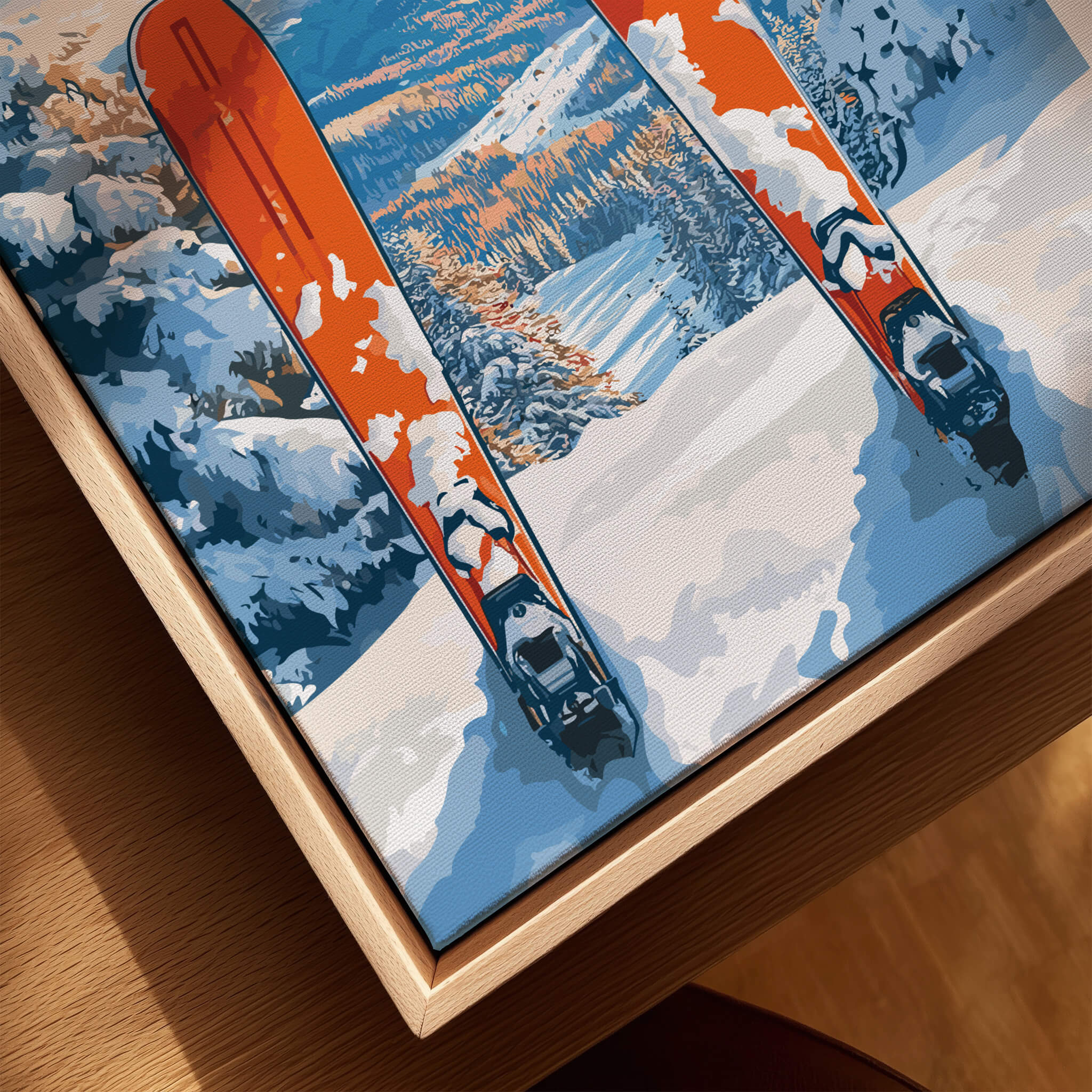 Stowe Vermont Ski Print - Snowy Mountain Scene Poster, Skiing Wall Decor featuring skis on a snowy slope.