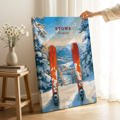 Stowe Vermont Ski Print - Snowy Mountain Scene Poster, Skiing Wall Decor featuring skis and snowy landscape.