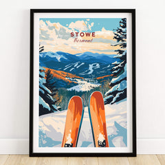 Ski Poster Stowe Vermont featuring scenic slopes and vibrant ski gear, perfect for ski enthusiasts and wall decor.