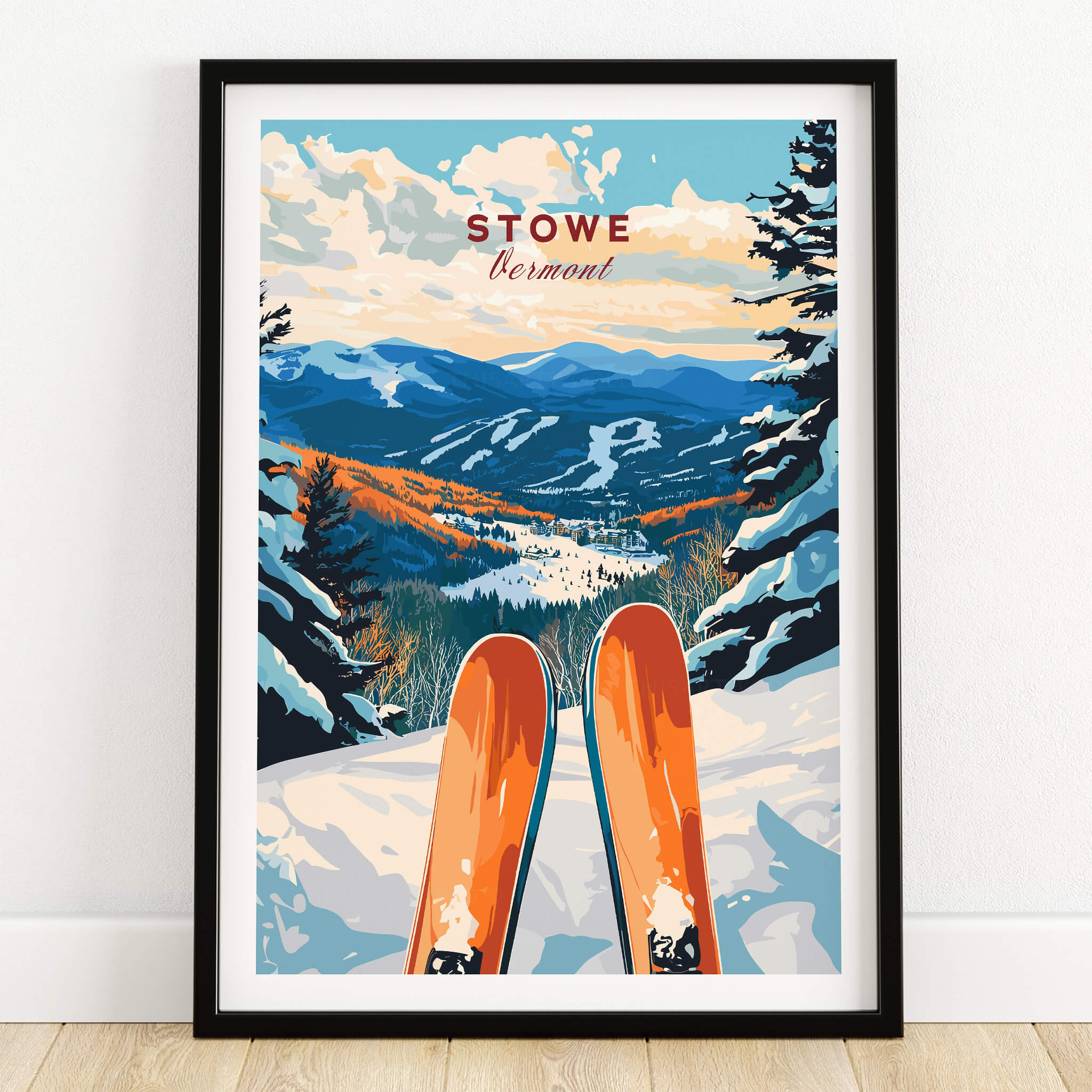 Ski Poster Stowe Vermont featuring scenic slopes and vibrant ski gear, perfect for ski enthusiasts and wall decor.