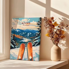 Ski Poster Stowe Vermont featuring vibrant snowy mountain scenery and ski equipment at a sunlit window.