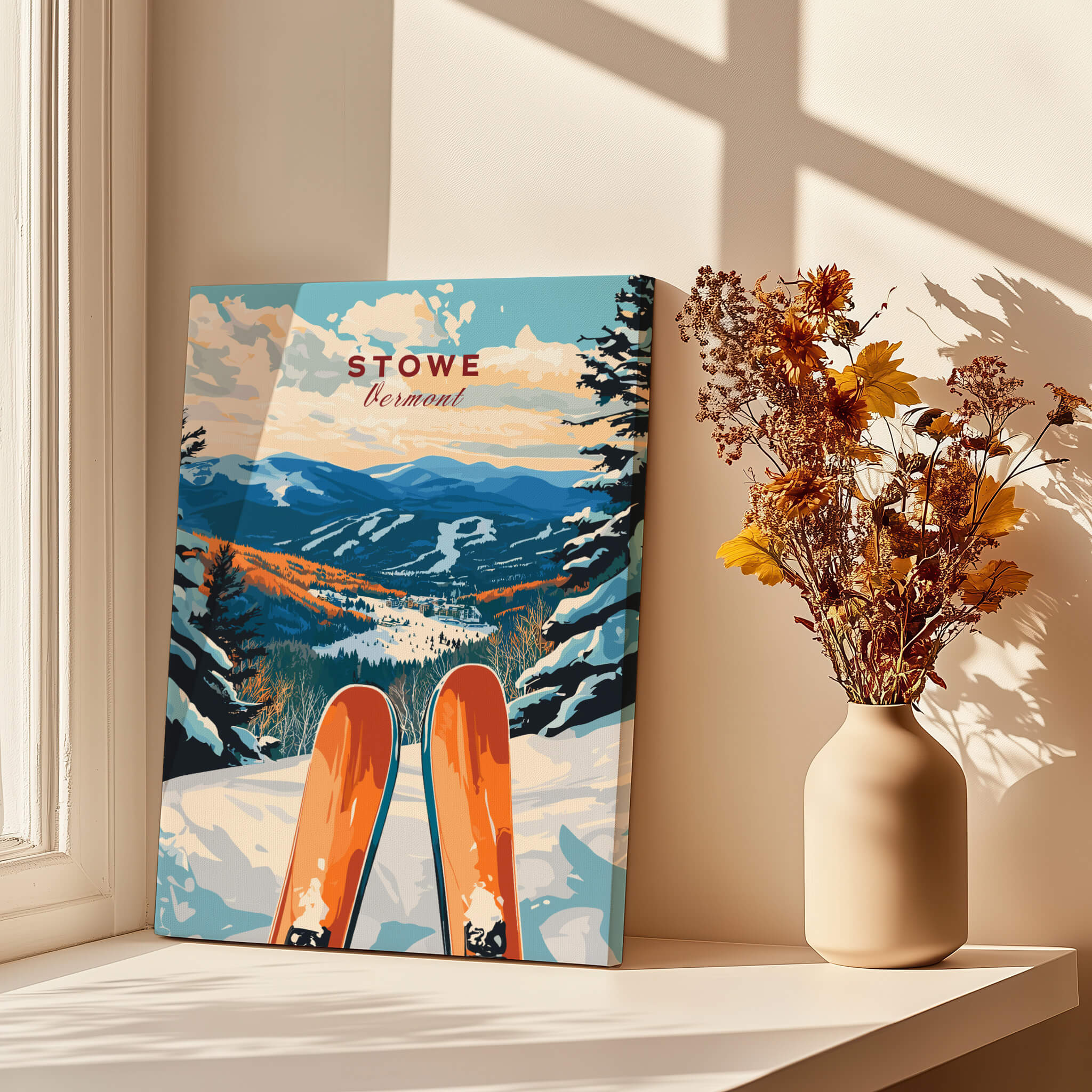 Ski Poster Stowe Vermont featuring vibrant snowy mountain scenery and ski equipment at a sunlit window.