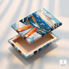 Ski Poster Stowe Vermont box featuring vibrant ski-themed design and colorful ski equipment.