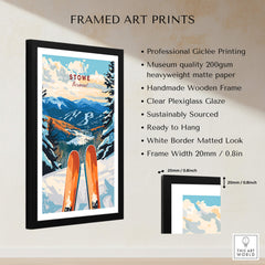 Ski Poster Stowe Vermont framed art print featuring stunning skiing scenery and wooden frame.