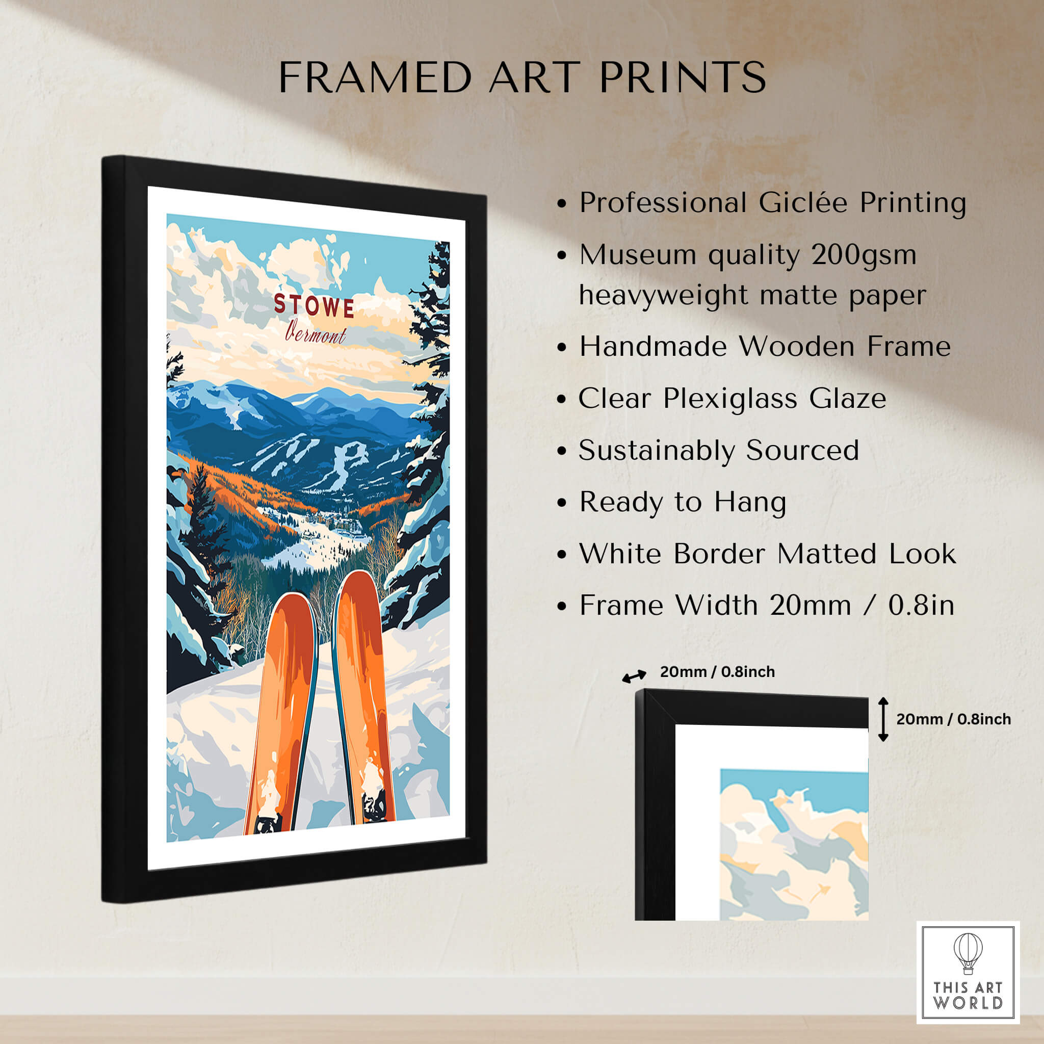 Ski Poster Stowe Vermont framed art print featuring stunning skiing scenery and wooden frame.