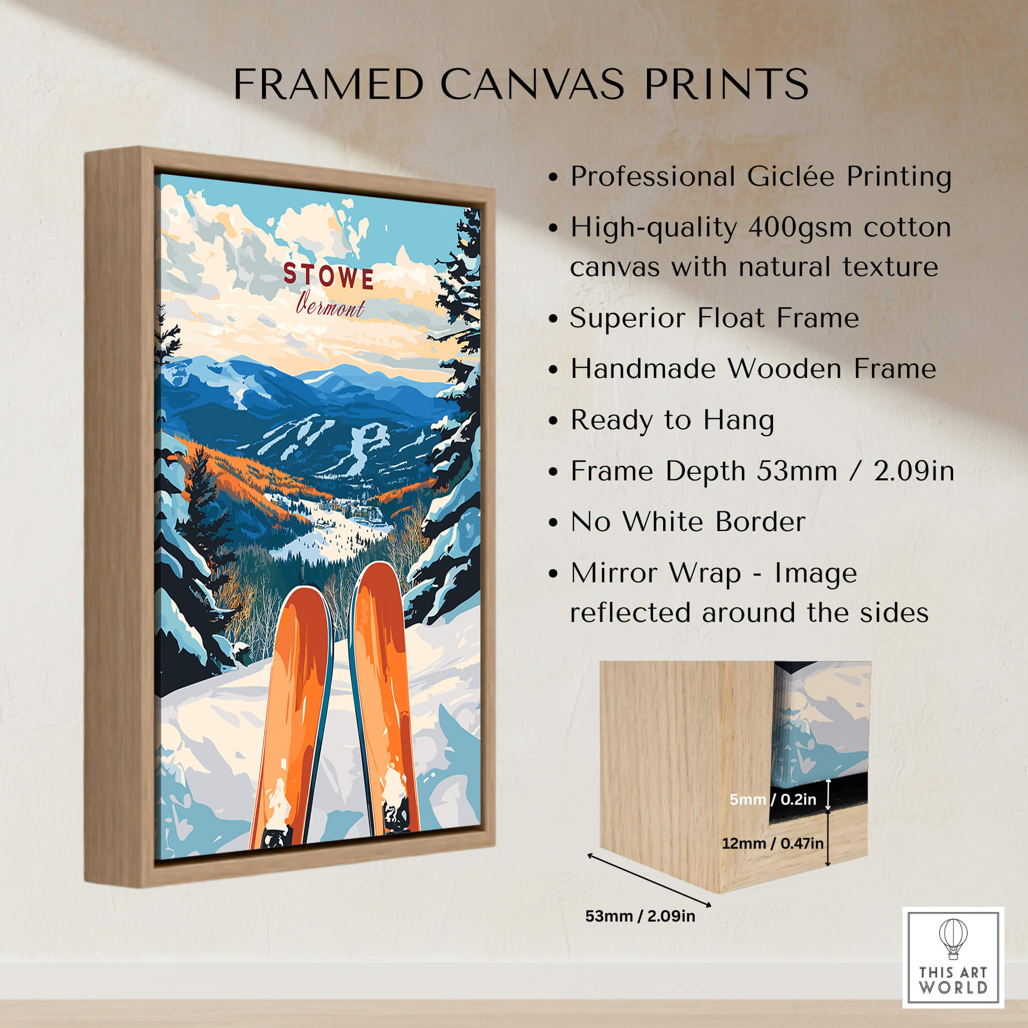 Ski Poster Stowe Vermont framed canvas print with vibrant mountains and ski gear, perfect wall decor for ski enthusiasts.