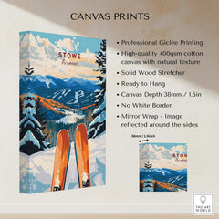 Ski Poster Stowe Vermont showcasing stunning winter scenery and skis, perfect for ski enthusiasts and home decor.