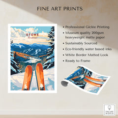 Ski Poster Stowe Vermont featuring vibrant ski scenery and stylish orange skis ready to frame.