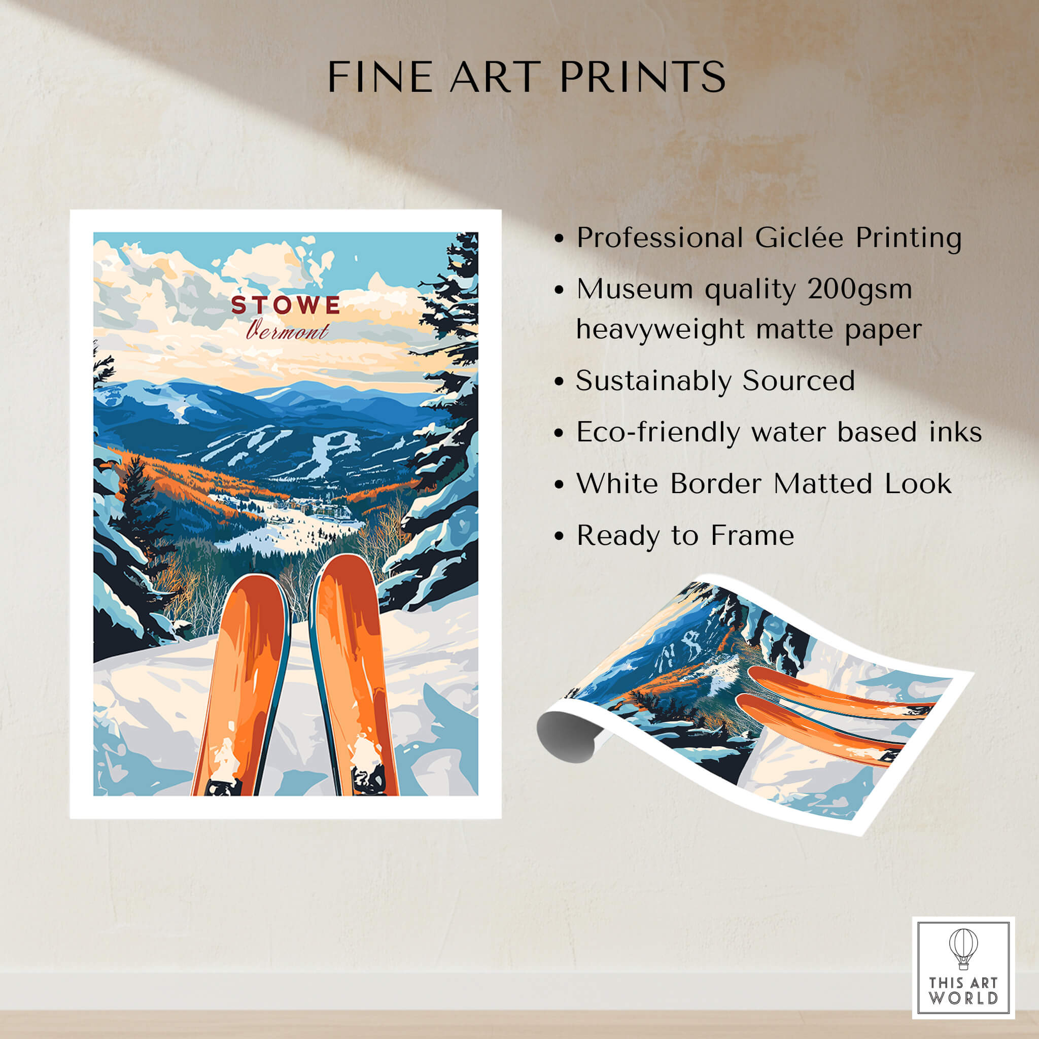 Ski Poster Stowe Vermont featuring vibrant ski scenery and stylish orange skis ready to frame.