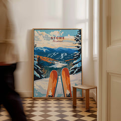 Ski Poster Stowe Vermont featuring vibrant mountains and skis, perfect for ski enthusiasts and wall decor