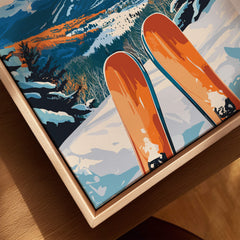 Ski Poster Stowe Vermont featuring vibrant skis against a snowy backdrop, ideal for ski enthusiasts and wall decor.
