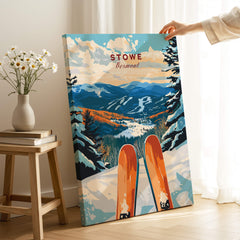 Ski Poster Stowe Vermont showcasing stunning winter scenery and ski equipment in a cozy indoor setting.