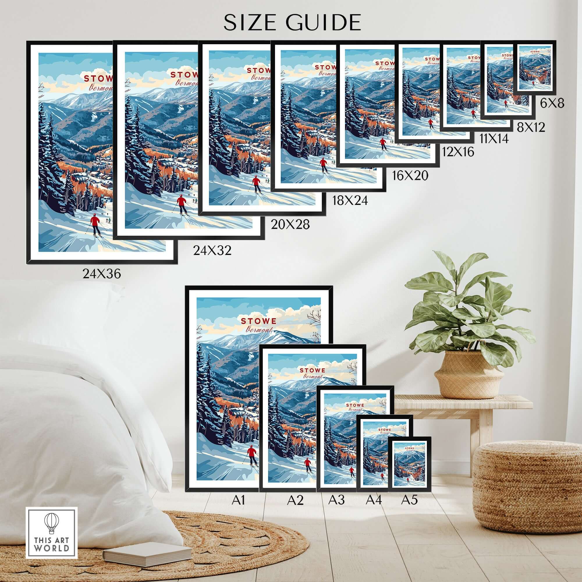 Stowe Mountain Range poster size guide showcasing various frame dimensions for Vermont skiing wall art.