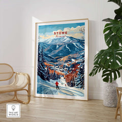 Stowe Mountain Range poster showcasing Vermont skiing, featuring snowy slopes and alpine scenery, perfect for home decor.