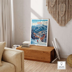 Stowe Mountain Range poster featuring a skier on a snowy slope, capturing the beauty of Vermont's alpine landscape.