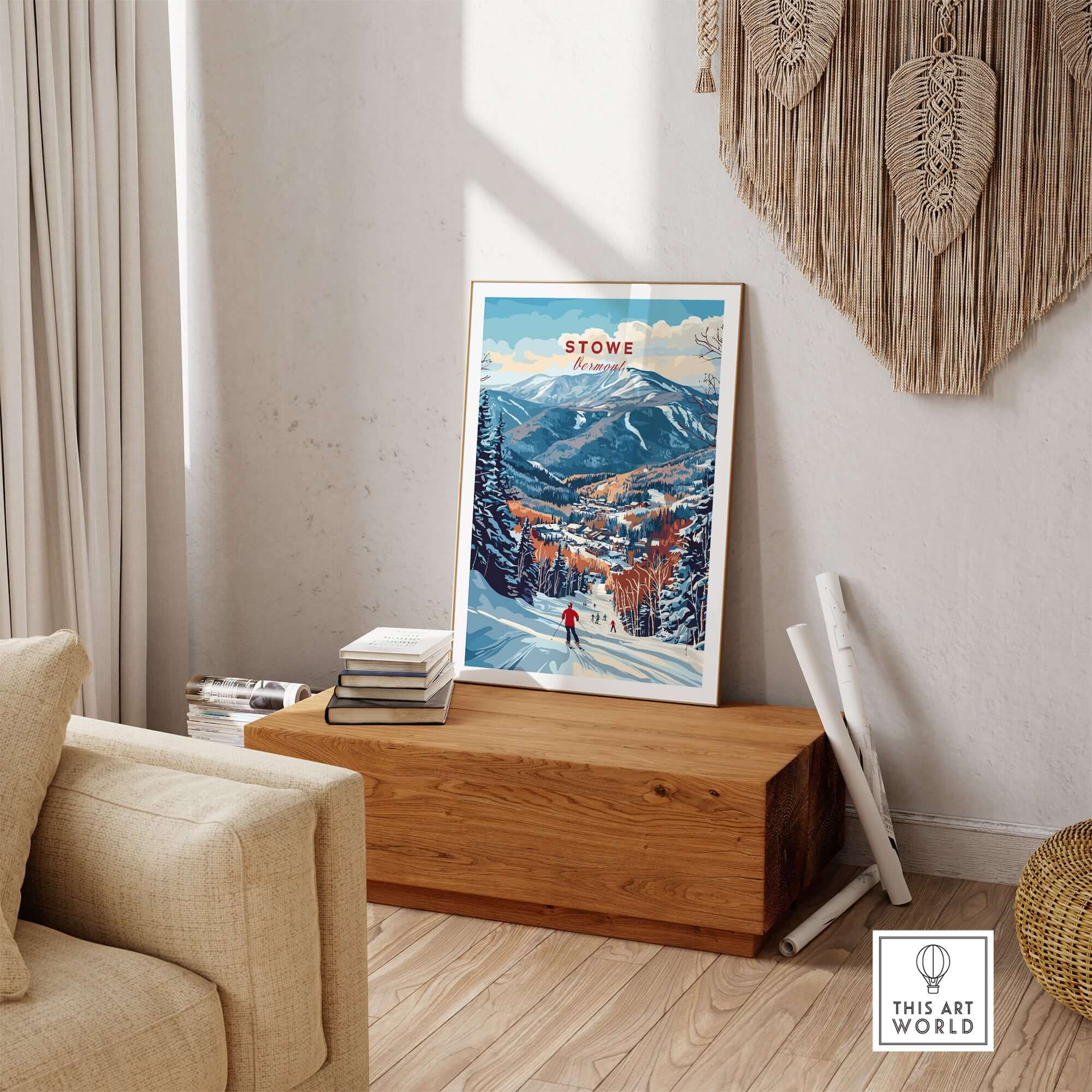Stowe Mountain Range poster featuring a skier on a snowy slope, capturing the beauty of Vermont's alpine landscape.